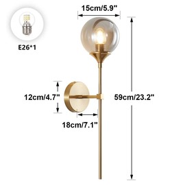 BOKT Brushed Brass Gold Wall Mounted Sconce Set of 2 Mid Century Modern Long Globe Wall Light Fixture Vintage Smoke Gray Glass Wall Sconce Lighting (Smoke Gray)