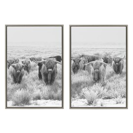 Kate and Laurel Sylvie Herd of Highland Cows Framed Canvas Wall Art Set by The Creative Bunch Studio, Set of 2, 23x33 Gray, Decorative Farmhouse Animal Art for Wall