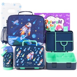 rockpapa 5 Compartment Bento Lunch Box with Ice Pack for Kids with Uensils & Insulated Water Bottle & Lunch Bag, BPA-Free Lunch Containers Set for School Boys Girls Ages 3+ (Blue Rocket)