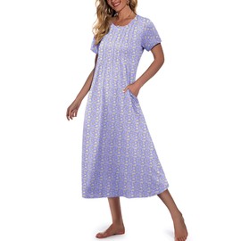 Marvmys Lady Cotton Nightgown Long Length Sleepshirt Comfy Short Sleeve Nightshirt with Pockets Blue Yellow Floral XL