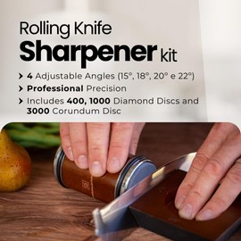 Rolling Knife Sharpener Kit have 15, 18, 20 & 22 Degrees and this Roller Knife Sharpener Set comes with 400 & 1000 Diamond Discs and 3000 Corundum Disc