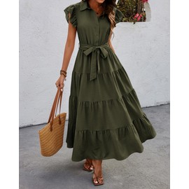 dowerme Women's Summer Casual Dresses 2025 Cap Ruffle Sleeve V Neck Button Belted Tiered Boho Maxi Dress with Pockets(Army Green,Small)