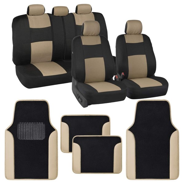 BDK PolyPro Beige Car Seat Covers Full Set with 4-Piece Car Floor Mats - Two-Tone Seat Covers for Cars with Carpet, Interior Covers for Auto Truck Van SUV