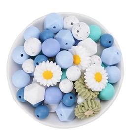 Lxoraziy 56 Stück Silikonperlen Bulk, Daisy Rubber Lose Silikonperlen, Bastelperlen Rund Polygon für Heimwerker Schlüsselanhänger Armbänder Halsketten Schmuckherstellung