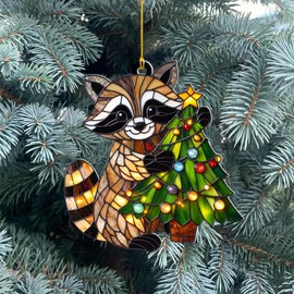 Raccoon Christmas Ornament – Acrylic Suncatcher Hanging Decor, Cute Holiday Tree Ornament for Kids, Winter Animal Ornament Gift, Rustic Woodland Xmas Decoration (Sun-25)
