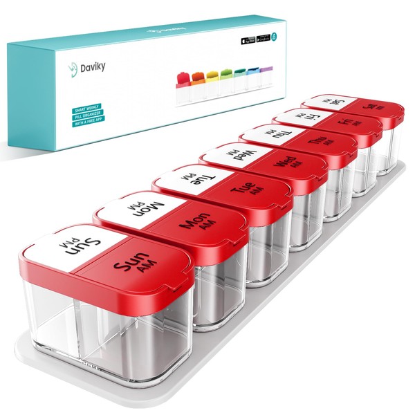 Daviky Extra Large Pill Organizer 2 Times a Day, Am Pm Pill Organizer 7 Day, Pill Box 7 Day to Hold Daily Medicine Vitamin and Supplements for Elders, Arthrtic Patients and Kids (Red)