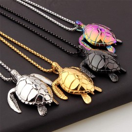 JAJAFOOK Men's Stainless Steel Tortoise Pendant Necklace Sea Turtle Design Silver/Gold/Black/Rainbow