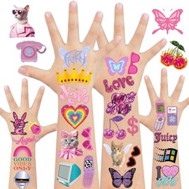 20 Sheets Y2K Pink Temporary Tattoos 320Pcs Throwback 2000's Retro Cartoon Tattoos Stickers Birthday Party Favors Decorations Supplies for Gift Bag Fillers School Game Prizes Rewards