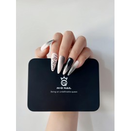 M·Q NAIL,Press on nails,Pink ink graffiti tips long nails,Hand drawn,Includes 48 jelly glue and 2 cuticle sticks and 2 rubbing strips (Pink ink graffiti, S)