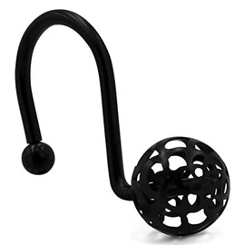 MitoVilla Black Metal Shower Curtain Hooks Rings, Bling Metal Shower Hooks for Shower Curtain Liner, Hollow Ball Rust Proof Shower Rings for Curtain Accessories and Bathroom Shower Rod