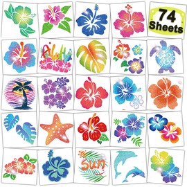 CHARLENT Glittering Temporary Hibiscus Tattoos for Aloha Party Decoration - 74 Individual Sheets, Glitter Hawaiian Flower Tattoos for Kids and Women, Hawaiian Party Favors