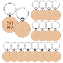 50 Pieces Round Wooden Keychain Blanks Laser Engraving Blanks Wood Blanks Key Chain Bulk Unfinished Wooden Key Ring Key Tag for DIY Gift Crafts (4 x 4cm)