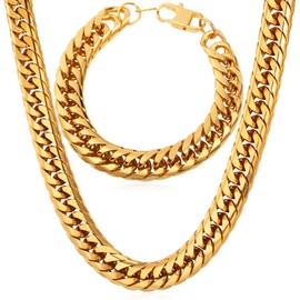 U7 Gold Chain Rappers Hip Hop Jewelry 18K Gold Plated 12MM Thick Franco Curb Chain Link Set for Men Solid Cuban Links 22 Inch Necklace, 8.3 Inch Bracelet
