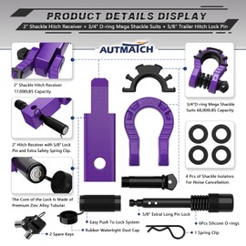 AUTMATCH Shackle Hitch Receiver 2" with 3/4" Mega D Ring Shackle and 5/8" Trailer Hitch Lock Pin, 68,000 Lbs Break Strength Heavy Duty Receiver Towing Kit for Off-Road Vehicle Recovery, Purple