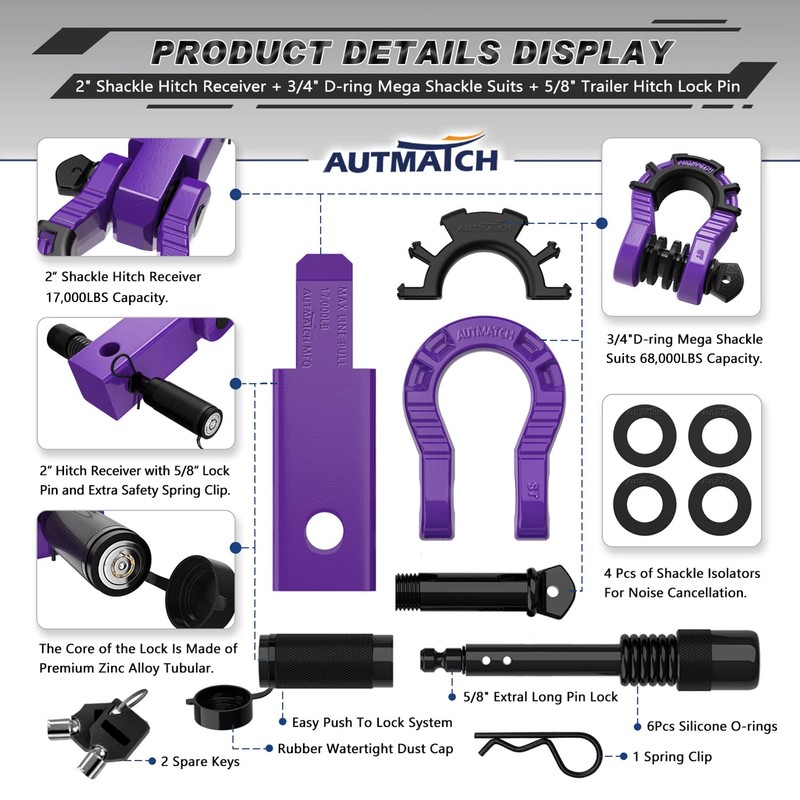 AUTMATCH Shackle Hitch Receiver 2" with 3/4" Mega D Ring