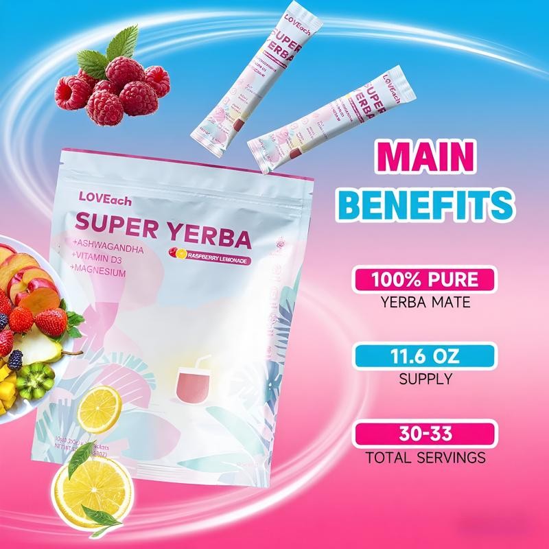 LOVEach SUPER YERBA Raspberry Lemonade Powder – 30 Servings, 2g