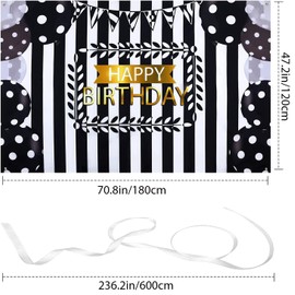 Silver Happy Birthday Backdrop Black White Birthday Party Decorations Black White Stripes Happy Birthday Banner for Women Men Birthday Photo Background
