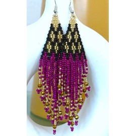 Unbranded 4 1/8" Handcrafted Beaded Purple Black Gold Seed Bead Tassel Dangle Earrings New