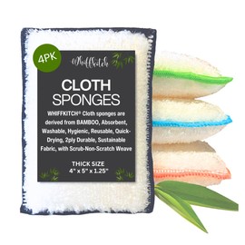 Whiffkitch Bamboo Fiber Sponges 4-Pack - Scrub-Non-Scratch, Reusable, Washable, Extra Absorbent, Durable, Multi-Tasking Household Cleaning, Naturally Hygienic Kitchen Sponges for Dishes
