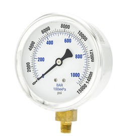 2 Pack of Liquid Filled Lower Mount Pressure Gauge with 4" Dial, 0-15000 PSI, 1/4" Male NPT Connection, Stainless Steel CASE and Bezel (2)