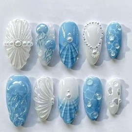 30Pcs Handmade Almond Press on Nails Thick Acrylic Fake Nails Blue French Tip False Nails with 3D Shell Jellyfish Pearl Design Ocean Theme Nails Press ons Reusable Stick on Nail for Women