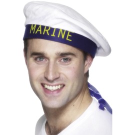 Smiffys Marine Sailors Hat, White with Ribbons, Land, Sea and Air Forces Fancy Dress, Troops Dress Up Hats