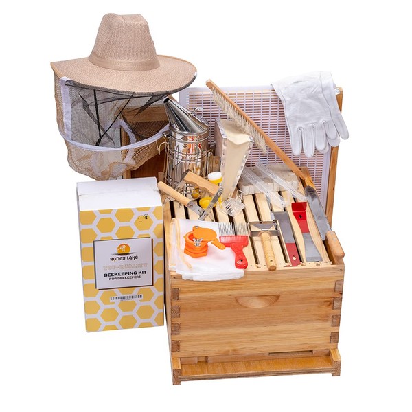 Honey Lake 10 Frame Bee Hive Starter Kit and Beekeeping Supplies, Beeswax Coated Bee Hives Boxes Starter Kit with Beehive Tool Kit Includes Bee Smoker Beekeeper Hat