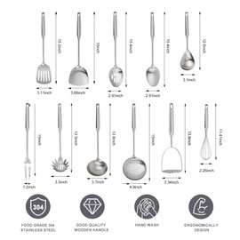 304 Stainless Steel Kitchen Utensils Set, 11PCS Metal Cooking Tools, Masher, Fork, Solid Spoon, Slotted Spoon, Spatula, Whisk, Skimmer, Slotted Spatula Tunner, Soup Ladle, Spaghetti Spoon, Large Spoon