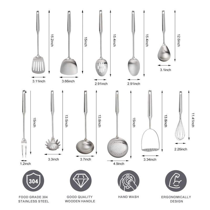 304 Stainless Steel Kitchen Utensils Set, 11PCS Metal Cooking Tools,