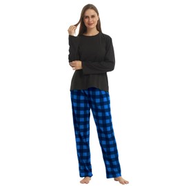 LNFINTDO Fleece Pajamas Womens Set Long Sleeve Top & Plaid Pajama Bottoms Soft Nightwear Loungewear Warm Pjs Sets 2 Pieces