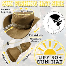 Kugooyi Boonie Hat Bucket Hat Outdoor Wide Brim Beach Sun Protect Hat Double Layer Classic Bush Jungle Fishing Hunting Mesh Breathable Adjustable Chin Strap (Brown)