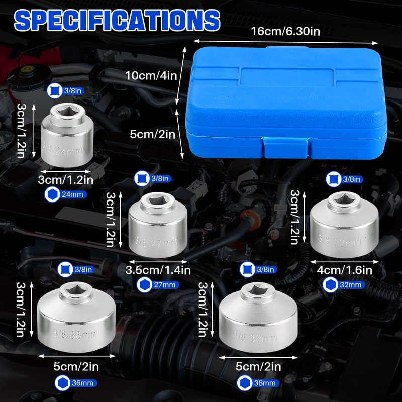 DASBET 5PCS Oil Filter Cap Wrench Socket Set 3/8" Drive
