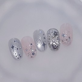 Silver bling handmade nail tips |Silver Magnet Full Parts Nail - Round Short / 실버블링 수제네일팁 | 실버자석 풀파츠네일 - 라운드숏