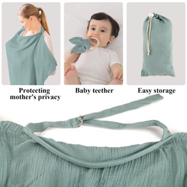 AHRLIC Breathable Cotton Nursing Cover for Baby Breastfeeding & Pumping - Muslin Apron with Adjustable Strap, Wooden Teether & Bag - Lightweight Portable Nursing Scarf for Moms - Olive Green