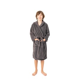 BC BARE COTTON Kids Microfiber Fleece Hooded Robe - Boys - Grey - Medium