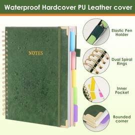 5 Subject Notebook College Ruled with Movable Tab Dividers, 300 Pages 8"x10"/B5 Leather Hardcover Spiral Notebook, 100GSM Thick Journal Notebooks for Work, School, Green