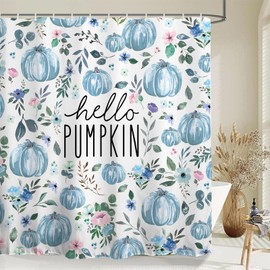 Baccessor Fall Thanksgiving Blue Pumpkin Floral Shower Curtain 72 W x84 H Inch Leaves Pink Flower Shower Curtain Autumn Polyester Fabric Bathroom Bath Home Decor Waterproof Weighted with Hooks