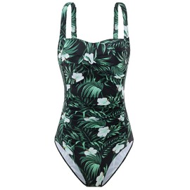 AOQUSSQOA Women One Piece Swimsuits Swimming Costume Swimwear Tummy Control Push Up Bathing Suits（2Black Leaves,XXL）