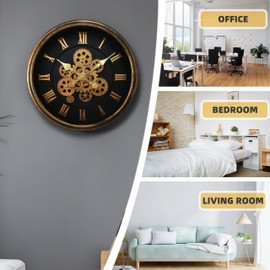 Mrocioa 18 Inch Large Gear Clock Real Moving Gears Wall Clocks with Glass Cover, Big Industrial Steampunk Wall Hanging Home Decor Clock, Mid-Century Favor Grandfather Clocks (Gold, 18 inches)