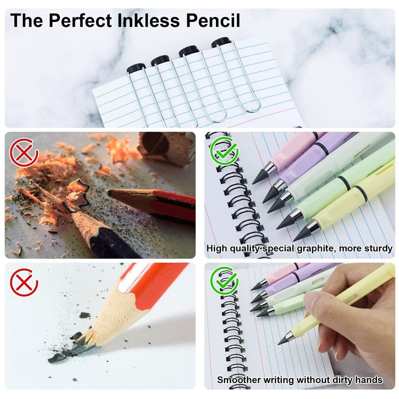 EASYKEENECOM Everlasting Pencil, 6pcs Infinity Pencil with Eraser and Replacement