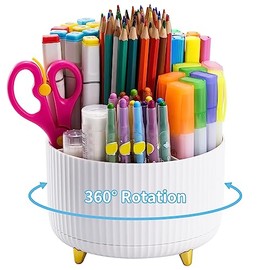 Marbrasse Organizador de escritorio, soporte giratorio de 360 grados, organizadores de escritorio y accesorios con 5 compartimentos para lpices, caja 