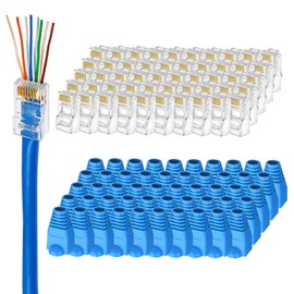 Brileine UTP RJ45 Connectors, Cat6 RJ45 Pass Through Plugs 50-Pack, Cat6 RJ45 Plugs with 50-Pack Strain Relief Boots for Solid or Standard Ethernet Cables, Transparent