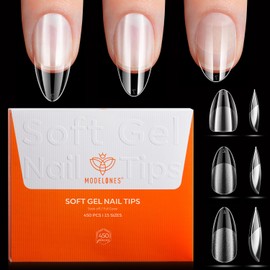 Modelones Medium & Short & Extra Short Almond Nail Tips - Multi-type 3 Styles Set Gel Tips Half Matte Full Cover Clear Acrylic Gel Kit Fake Nails for Extension DIY Salon 450Pcs 15Sizes