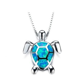 WEILYDF Cute Turtle Pendant Necklace Lovely Animals White Created Fire Opal Silver Chain Necklace Jewellery Gifts (Blue)