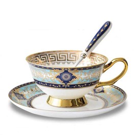 YBK Tech Euro Style Cup& Saucer Set, Bone China Ceramic Teacup Coffee Cup for Breakfast Home Kitchen (Royal Patterns (Sky Blue))