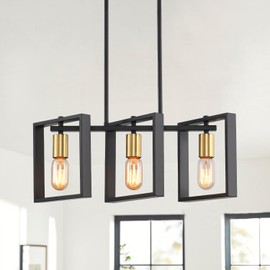 Kitchen Island Lighting Hanging for Farmhouse Linear Chandeliers,Modern Chandelier Over Table, Matte Black Rustic Wood Ceiling Pendant Light,Dining Room Hanging Light Rustic Wood