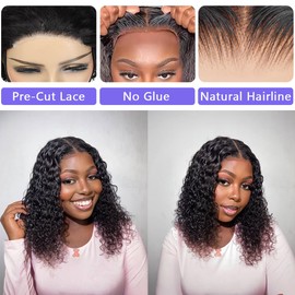 Glueless Wigs Human Hair Pre Plucked Pre Cut 5x5 Lace Closure Bob Wig with Baby Hair Deep Wave Wear and Go 180% Density Curly Wigs for Black Women Natural Color 12 Inch