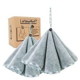 myHomeBody Hand Towels for Bathroom, Kitchen Hand Towels with Hanging Loop | Soft, Absorbent Charcoal Fiber Round Hand Towels with Coconut Shell Button for Hanging | Set of 2 Pine Green Towels