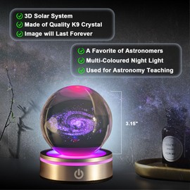 Yallmie 3D Solar System Crystal Ball Lamp with Led Colorful Lighting Touch Base, Galaxy Crystal Ball 6 Colors Solar System Model Light, Solar System Lamp Present for Kids, Friends, Lovers