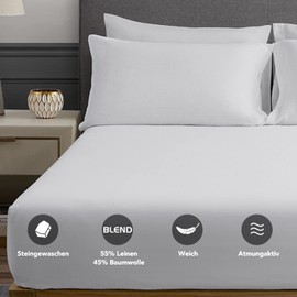 DAPU Fitted Sheet Half Linen, 140 x 200 cm Flat Sheet with 30 cm Deep Pocket for Mattress, Soft Breathable Linen Cotton Fitted Sheet, High Mattress Cover, White